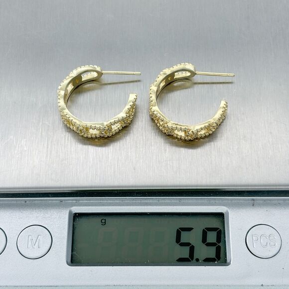 Vintage Sterling Silver 925 Gold Tone Textured Crystal Accents Hoop Earrings - Picture 6 of 6